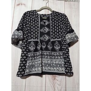 Une Ame Women Black White Printed Chiffon Split Neck Flutter Sleeve Blouse S